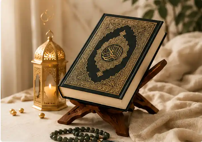 Holy Quran and golden lantern setup